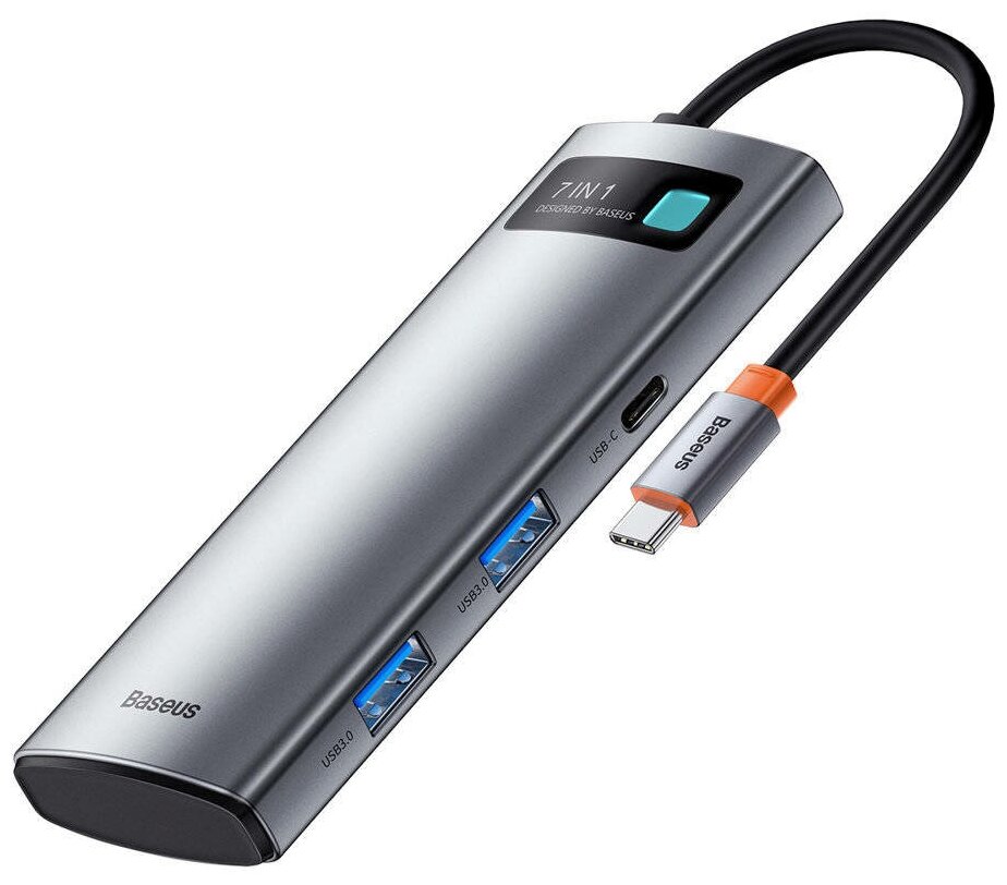 USB HUB разветвитель BASEUS Metal Gleam Series 7 в 1 Type-C (m) - 2xUSB3.0 + Type-C PD + USB-C + 4K HDMI + SD/TF, серый