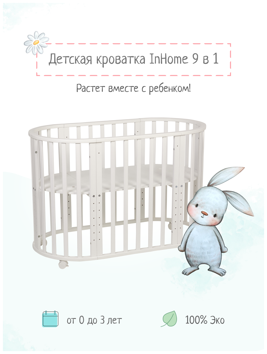 Детская кроватка трансформер для новорождённых / детская кроватка 9 в 1 / овальная кроватка / цвет - white/ INBB2/2