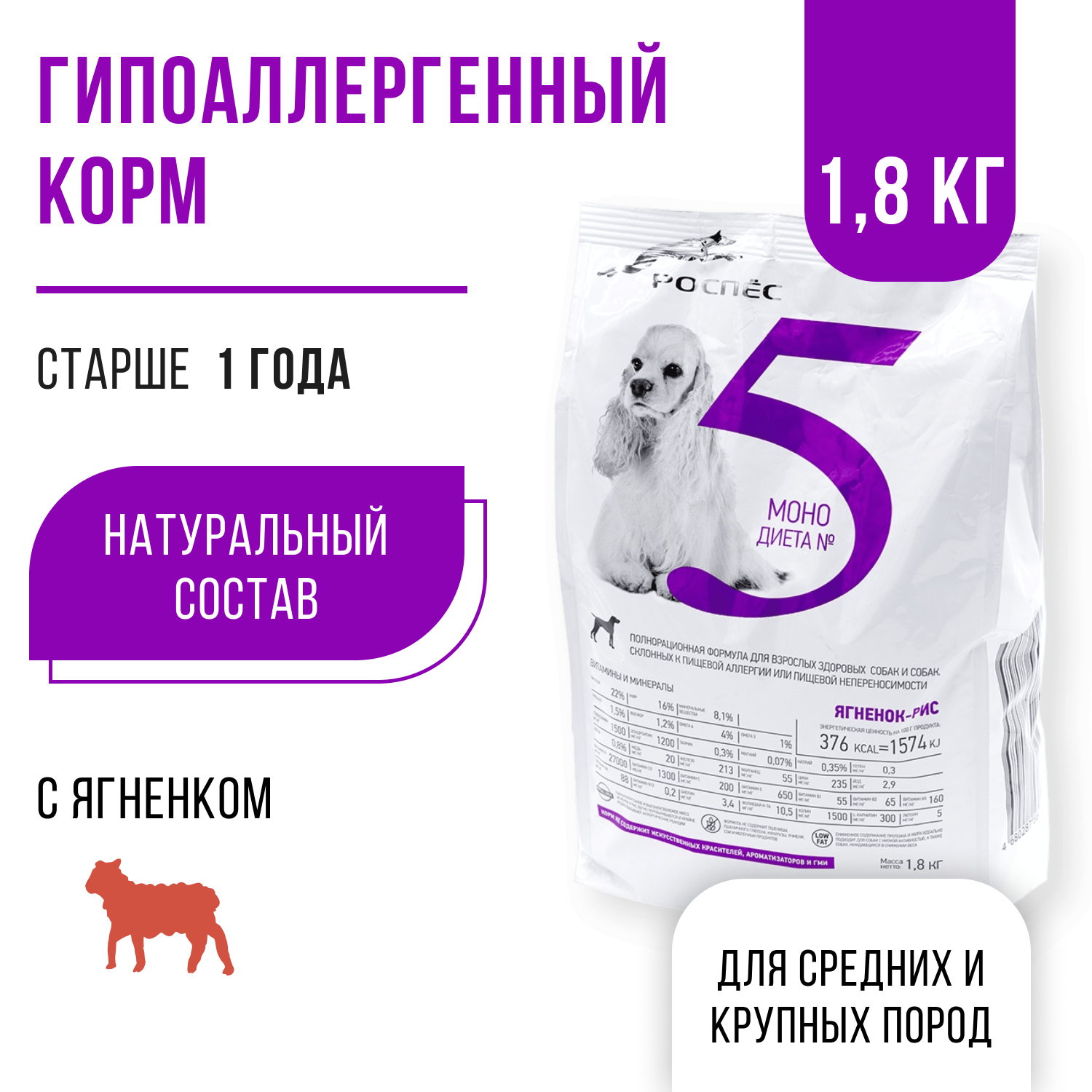 Сухой корм для собак супер-премиум-класса РосПёс, Моно-диета №5, гипоаллергенный, ягненок с рисом, 1,8 кг