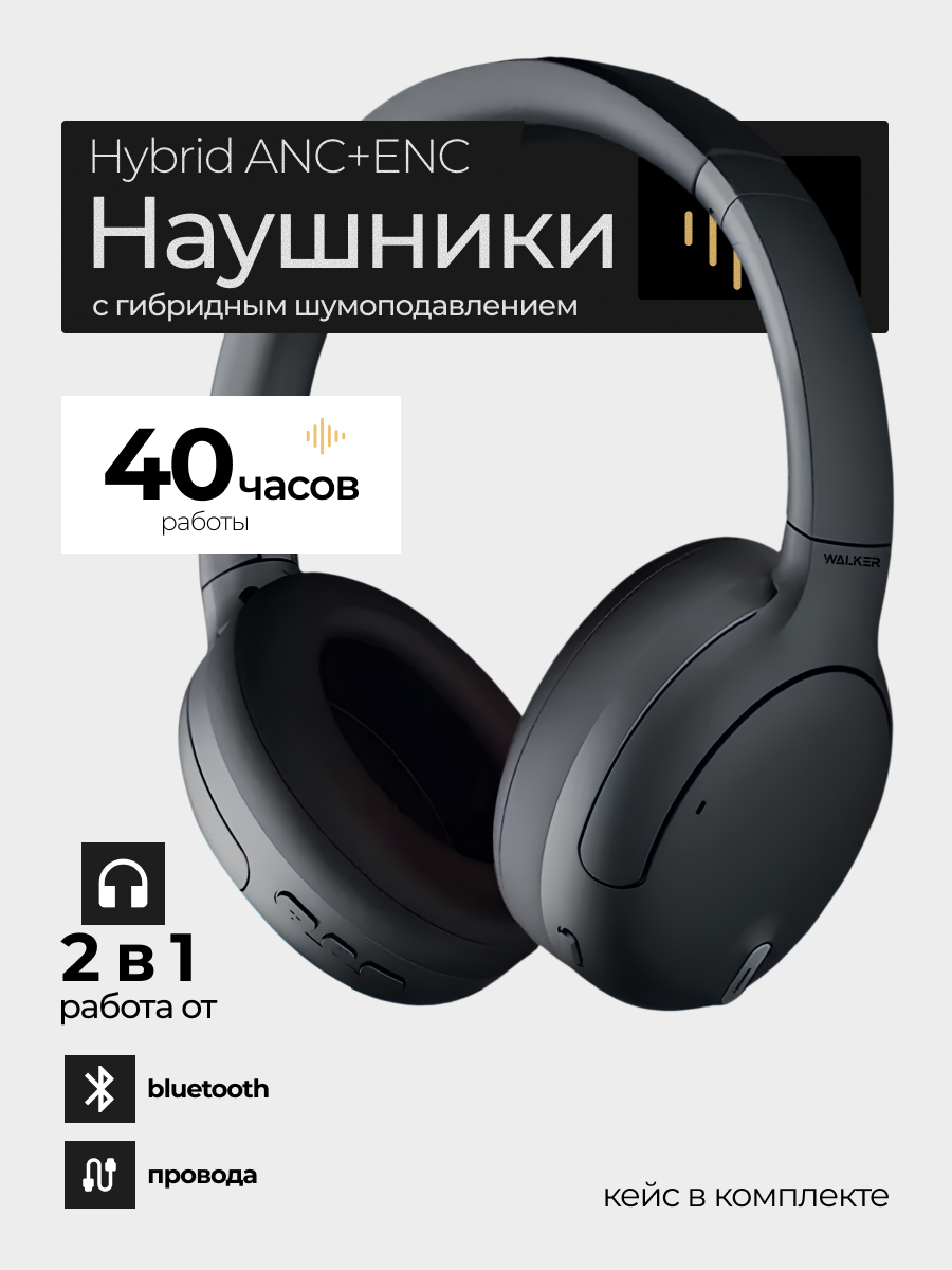 Наушники беспроводные большие накладные с шумоподавлением ANC, Bluetooth 5.4, до 40 часов работы, цвет черный