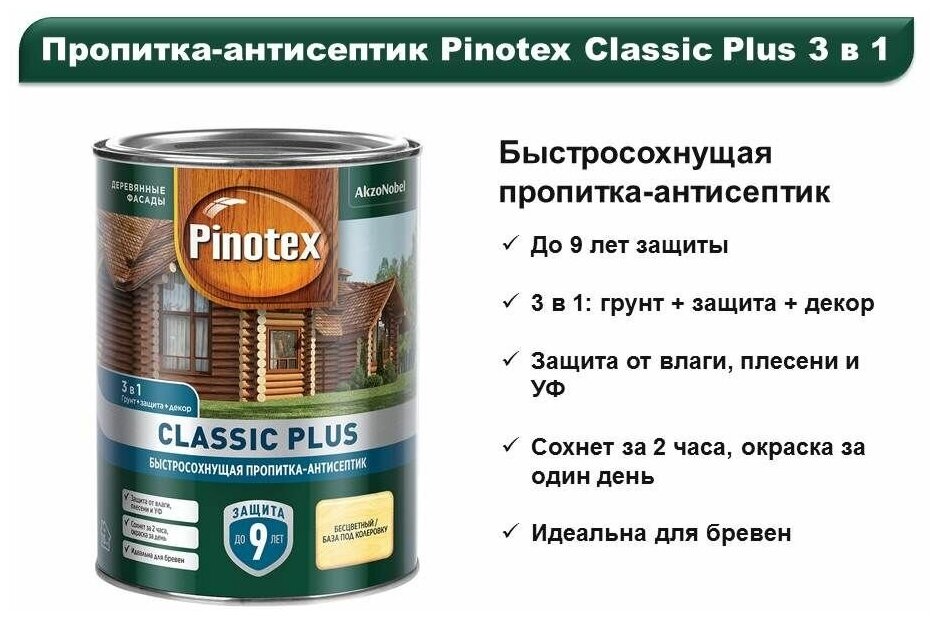 Пропитка-антисептик быстросохнущая Pinotex Classic Plus Тиковое дерево 9 л
