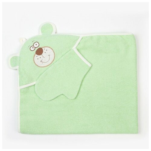 Осьминожка Набор для купания (полотенце-уголок, рукавица) с вышивкой «Мишка», размер 100х110 см, цвет зелёный