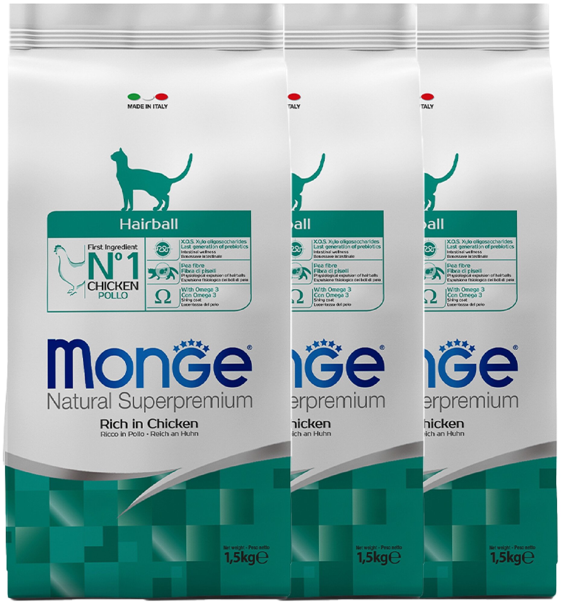 Сухой корм для кошек Monge Natural Superpremium, для вывода шерсти, с курицей 3 шт. х 1.5 кг