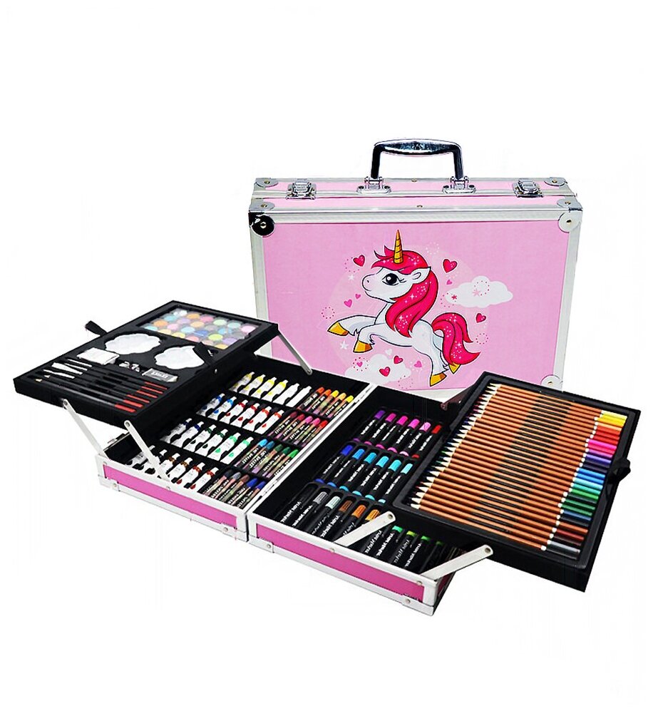 Набор для рисования для юного художника, художественный набор Розовый Пони 145 предметов, в металлическом кейсе, подарочный набор для творчества