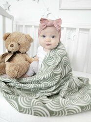 Плед для новорожденного 100х118 флисовый детский в кроватку коляску , "Ракушки" болотный