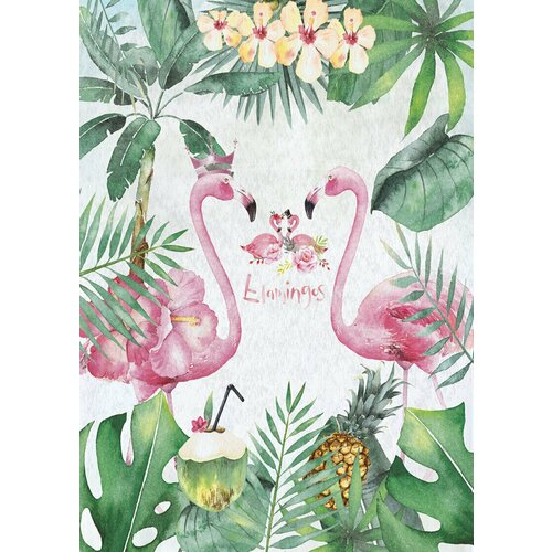 Моющиеся виниловые фотообои GrandPiK Королевские фламинго и тропические листья детские, 200х280 см