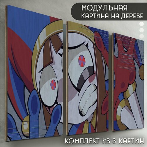 Модульная картина на дереве Мультфильм The Amazing Digital Circus Удивительный цифровой цирк Глитч хоррор Помни шут клоун рагата - 6625 2590₽