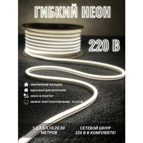 Неоновая светодиодная лента PJ Neon 12м, 8х16мм, 220В, 120 LED/m, IP 67, гибкий неон, холодный белый