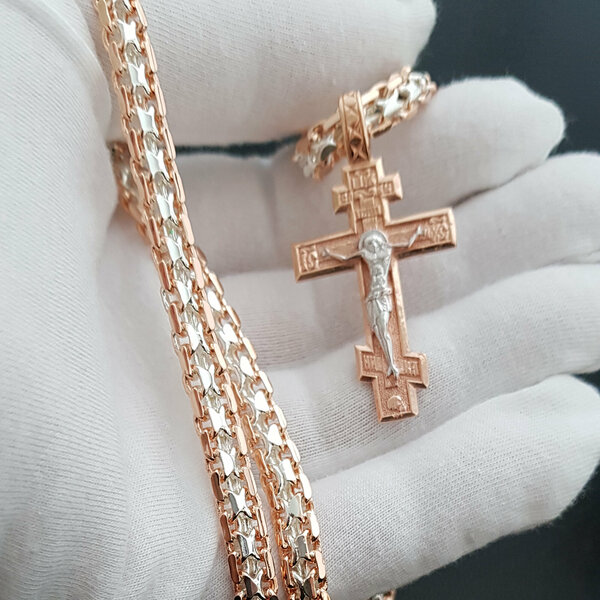 Крестик Животворящий православный крест мужской женский и широкая цепочка Бисмарк под золото двух цветов, длина 60 см, золотистый/серебристый