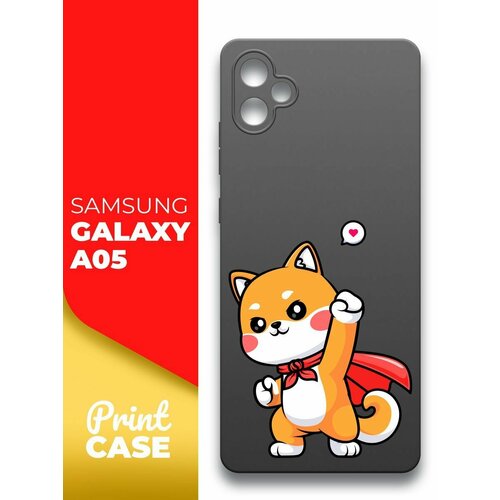Чехол на Samsung Galaxy A05 (Самсунг Галакси А05) черный матовый силиконовый с защитой (бортиком) вокруг камер, Miuko (принт) Котик Супермэн