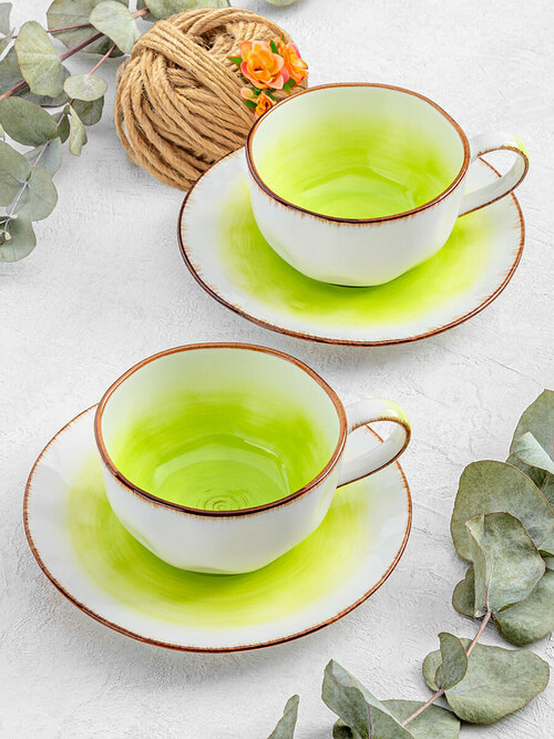 Чайная пара/ чашка с блюдцем/ кружка для чая/ кофе 4 предмета 250 мл 13х9,5х5,5 см Elan Gallery Кантри зеленый