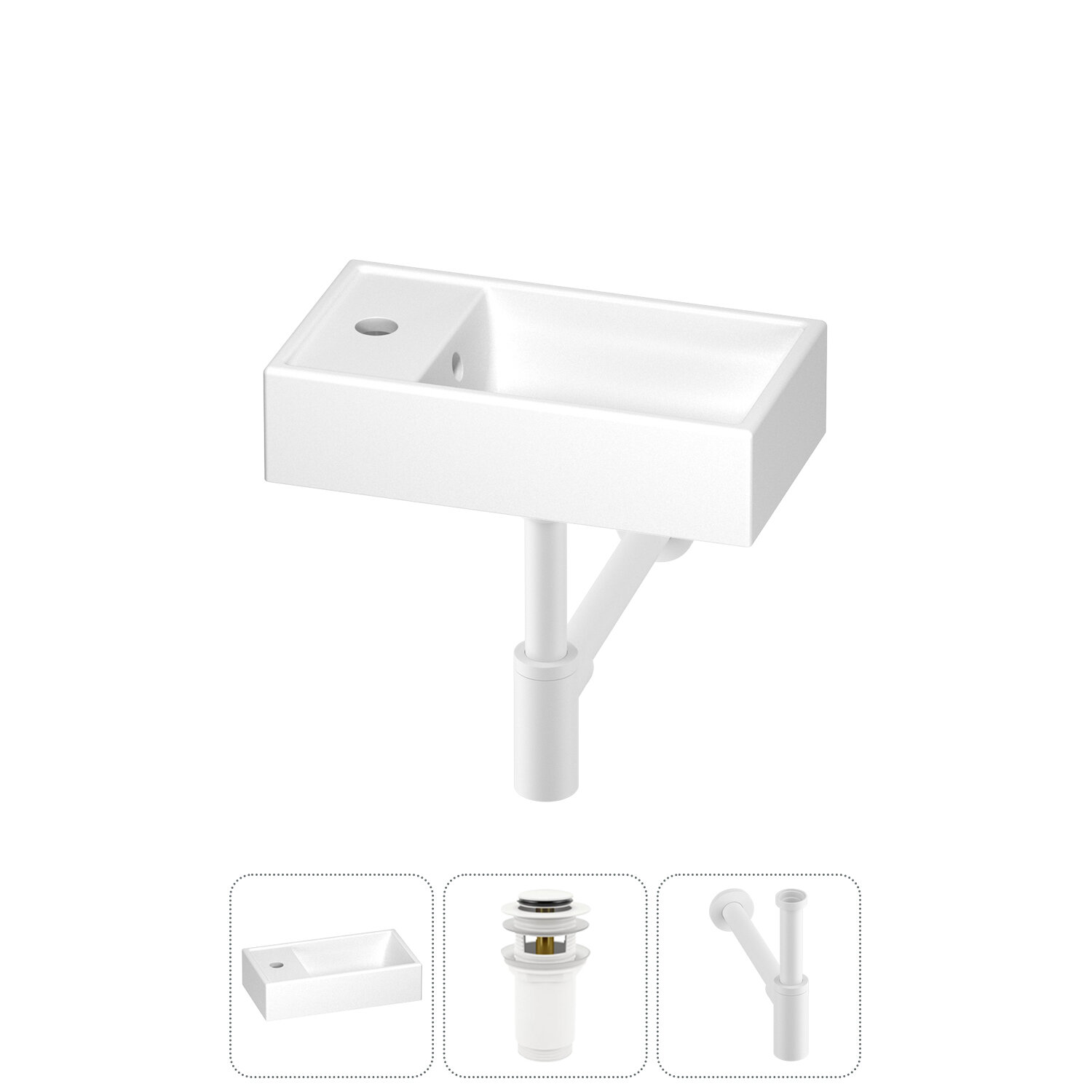Маленькая раковина в ванную комнату или туалет Wellsee WC Area 202010494 в наборе 3 в 1: узкая раковина 40 см, донный клапан, сифон (цвет набора матовый белый)