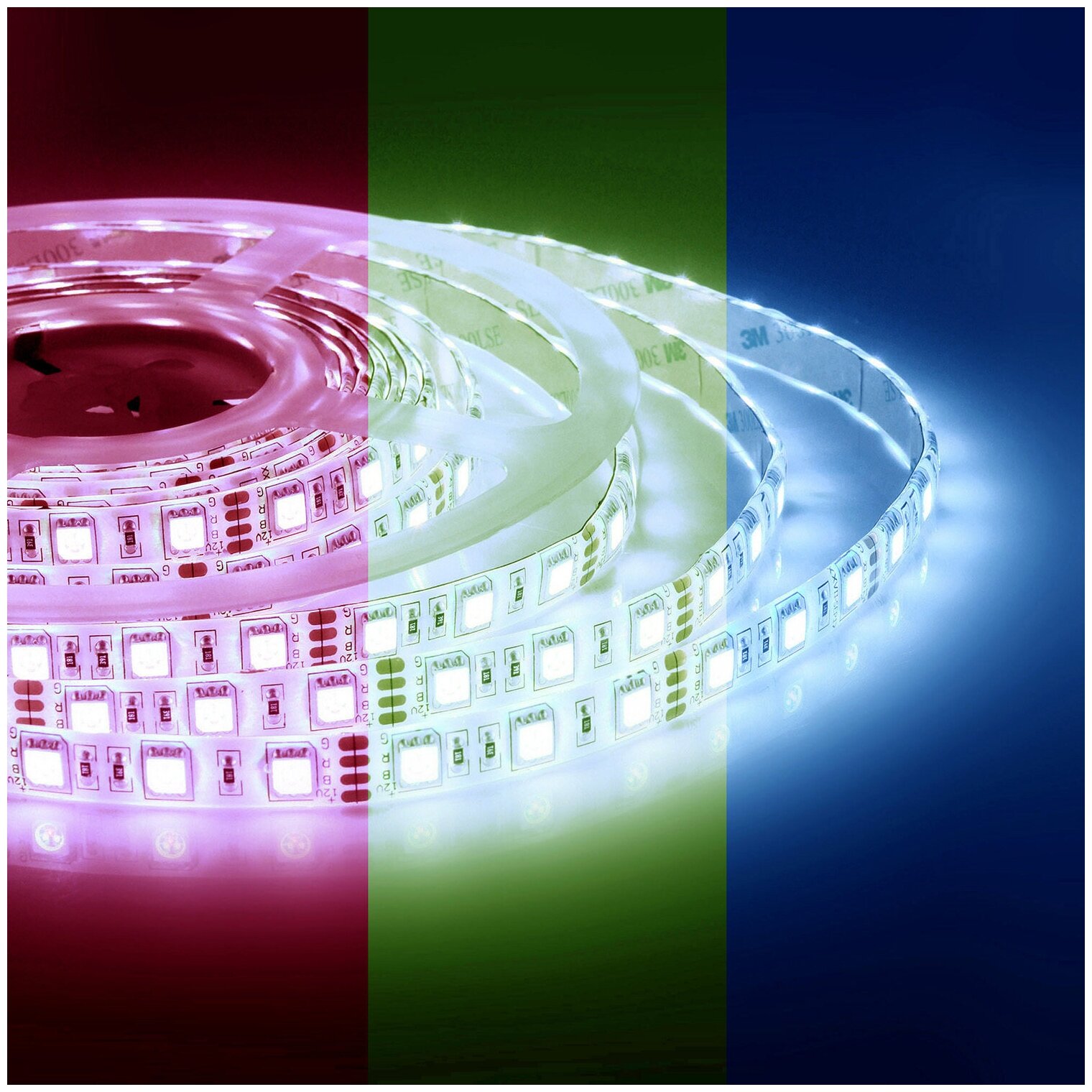 Яркая светодиодная многоцветная лента Apeyron 00-17-1 с напряжением 12В / RGB лента подойдет для оформления внутри помещения 60 диодов на метр / 144Вт/м / smd5050 / IP20 / ширина подложки 10 мм / длина 5 метров