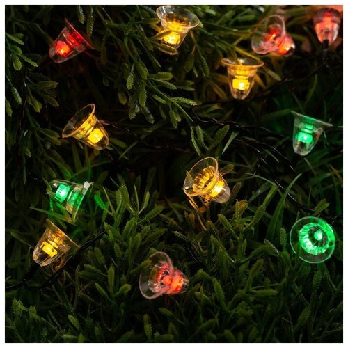 фото Luazon lighting гирлянда "нить" 4.5 м с насадками "колокольчики", ip44, тёмная нить, 30 led, свечение красное/жёлтое/зелёное, 2 режима, солнечная батарея