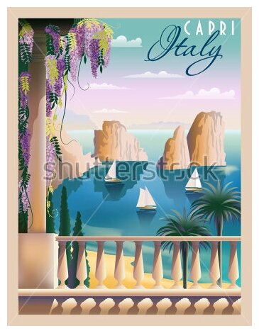 Постер Красочный плакат в стиле арт-деко на тему отдыха на солнечном побережье Италии 30см. x 39см.