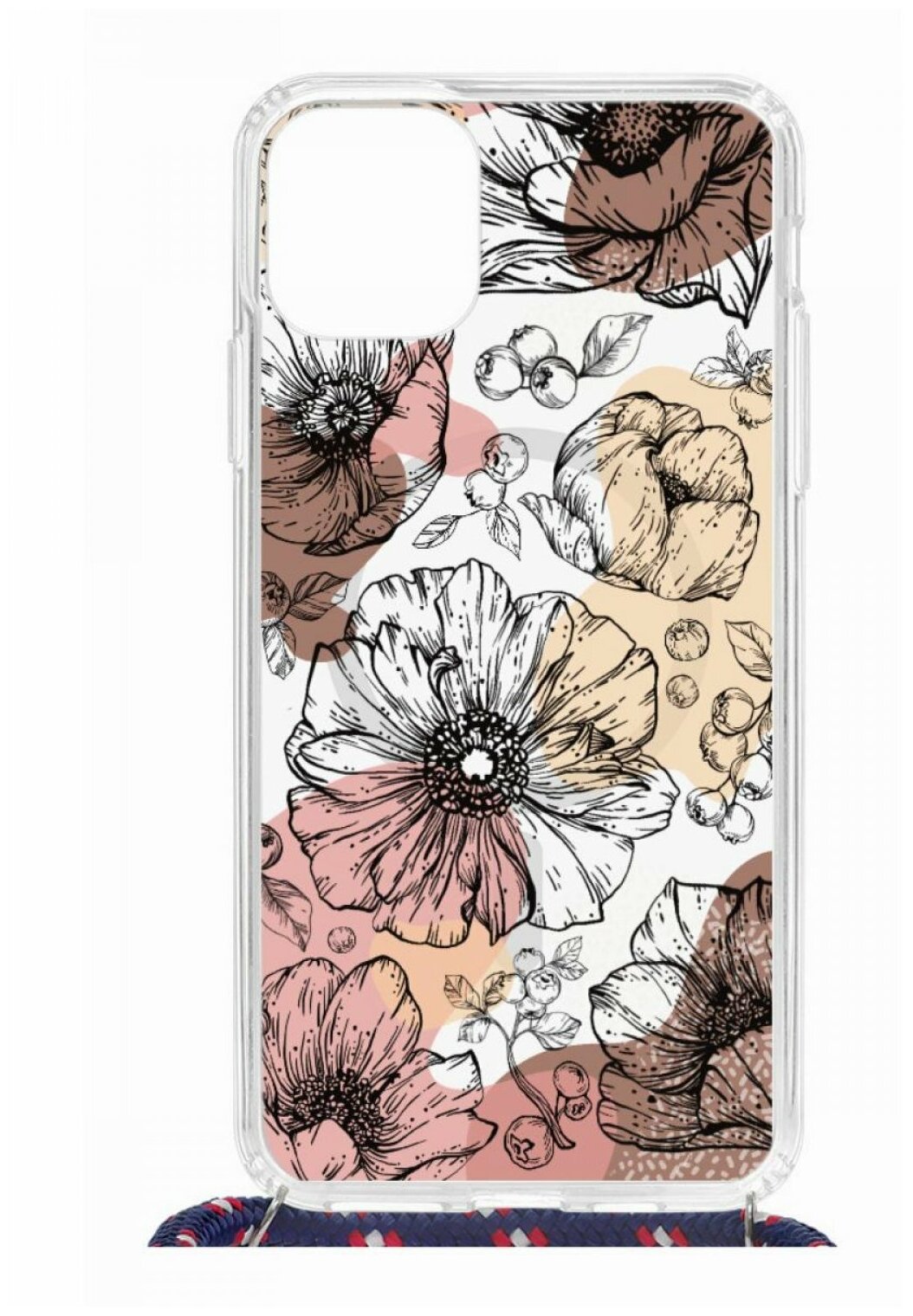 Чехол для iPhone 11 Pro Max Kruche Print MagSafe Magrope Ягоды и Цветы,пластиковая накладка МагСейф со шнурком на шею и рисунком,силиконовый бампер