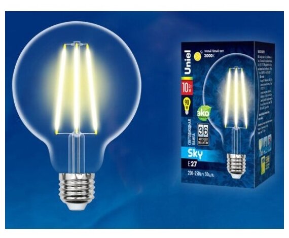 Светодиодная лампа Uniel LED-G95-10W/3000K/E27/CL PLS02WH Форма "шар", прозрачная. Серия Sky. Теплый белый свет (3000K). Картон. ТМ .