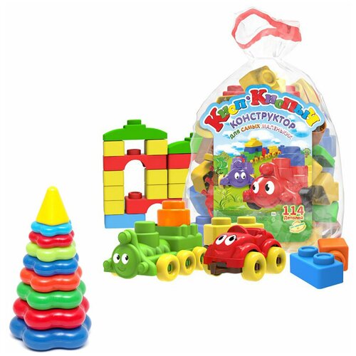 Развивающие игрушки для малышей набор Пирамидка детская большая + Конструктор Кноп-Кнопыч 114 дет.
