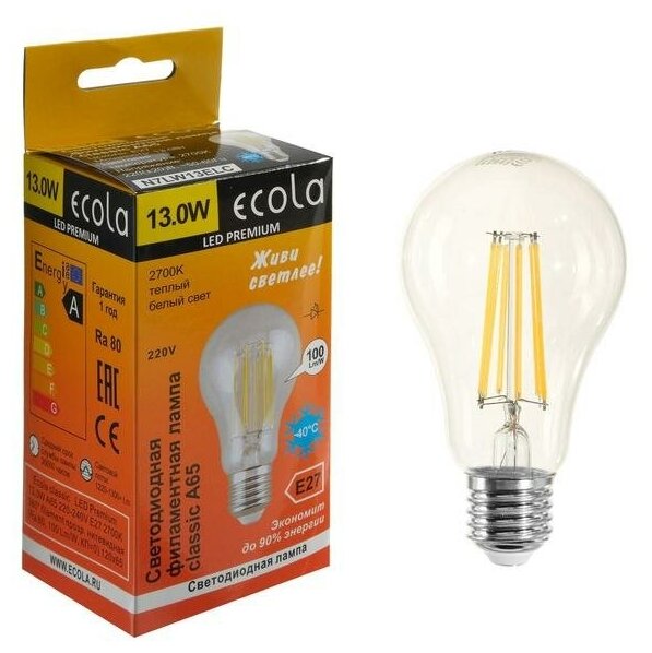 Светодиодная лампа Ecola classic LED Premium 13,0W A65 220-240V E27 2700K 360° filament прозр. нитевидная (Ra 80, 100 Lm/W, КП=0) 120x65 N7LW13ELC
