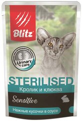 Blitz влажный корм д/стерил кошек и кастрир/котов Sterilised, кусочки кролика с клюквой в соусе, 0,085 кг