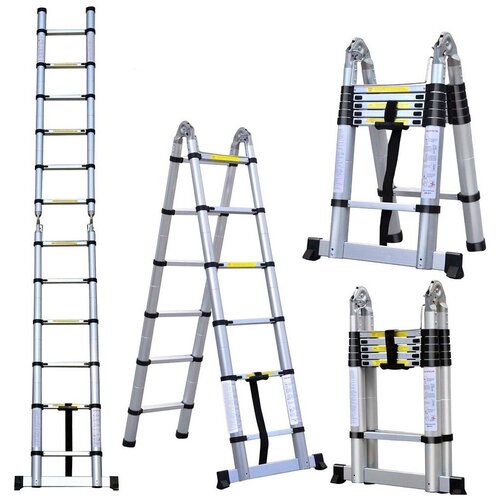 Лестница стремянка телескопическая алюминиевая 1.9м/3.8м, 12 ступеней