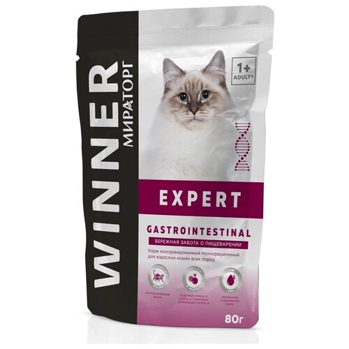 Влажный корм для кошек Мираторг Expert Gastrointestinal, при чувствительном пищеварении 80 г (паштет) комплекс витаминов и омега 4 maxler daily max витамин а с d3 цинк 60 шт