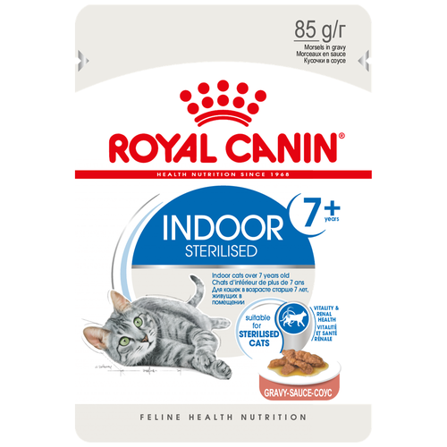 Корм для кошек Royal Canin для пожилых стерилизованных с 7 лет Indoor Sterilised 7+, живущих в помещен, в соусе, пауч (0.085 кг) 12 шт (2 упаковки)