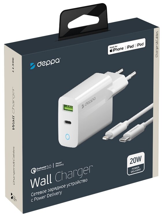 Сетевое зарядное устройство DEPPA 20W, USB + USB type-C, 8-pin Lightning (Apple), 3A, белый - фото №7