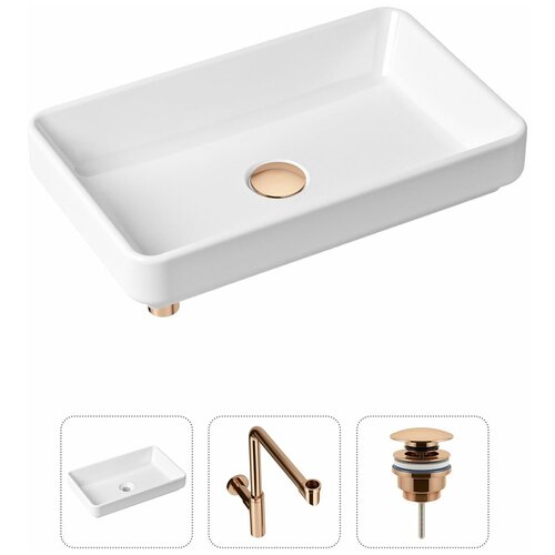 Накладная раковина в ванную Lavinia Boho Bathroom Sink Slim 21520160 в комплекте 3 в 1: умывальник белый, донный клапан и сифон в цвете розовое золото