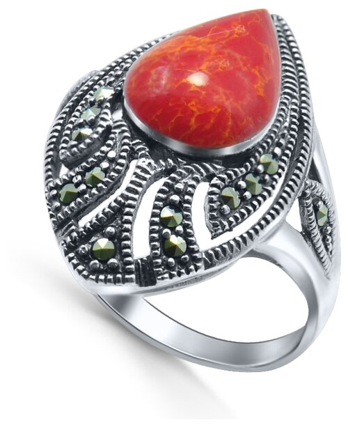 Кольцо Silver WINGS, серебро, 925 проба, коралл, марказит, размер 17, красный, зеленый