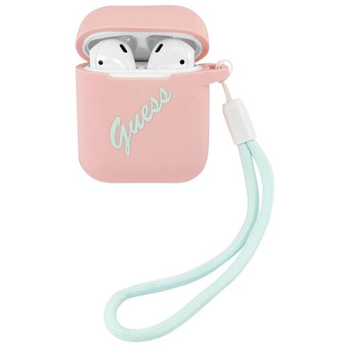 фото Чехол для airpods guess silicone case script logo with cord розовый