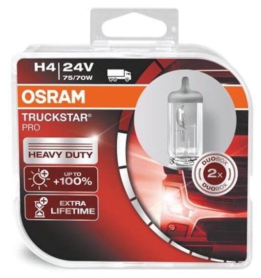 Лампа галогенная Osram H4 75/70W P43t-38 +100% Truckstar Pro, 2шт, 24V, 64196TSP2