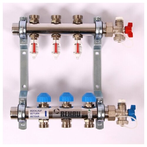 Коллекторная группа из нержавеющей стали с термостатическими вентилями и расходомерами REHAU 1x3/4 3 выхода
