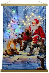 Светящаяся картина новогодний ЛЕС (зверушки и Санта), полиэстер, тёплые белые и цветные LED-огни, 55x82 см, таймер, батарейки, Kaemingk