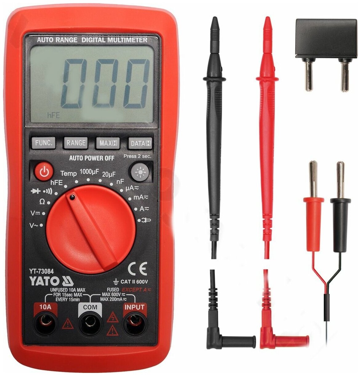 YATO YT-73084 Мультиметр U пост 0-600V,U перем 0-600V, I пост,перем 0-10A,R 0-20 МОм, C 0-1000 µF, T 0-250, проверка диодов, транзисторов, звук. сигнал, автодиапазон, автовыкл