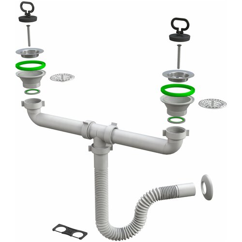 Cифон для двойной мойки Bonomini 1856FX64S0WZ d80 с пробкой, сливная гофра d40