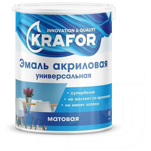 Эмаль Krafor универсальная матовая, матовая, супербелый, 1 кг