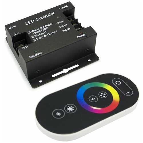 Контроллер для управления светодиодными RGB лентами с сенсорным пультом ДУ / Универсальный накладной датчик дистанционного управления цветным LED светом / 12В - 288 Вт / 24В - 576 Вт / IP33 / 3 канала - 8А, C4-03