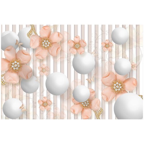 Фотообои Уютная стена 3D Нежные цветы и шарики 410х270 см Виниловые Бесшовные (единым полотном)