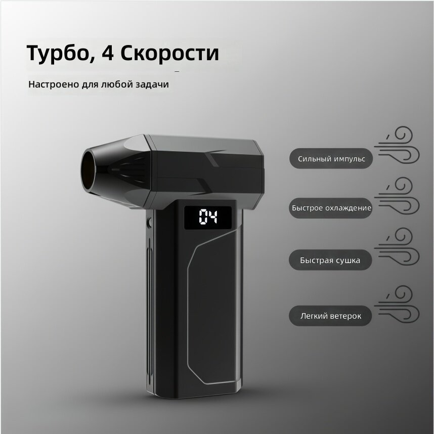Портативный электрический мини-компрессор для продувки с 4 скоростями и LED-подсветкой, зарядка Type-C, для удаления пыли и снега в автомобиле, черный