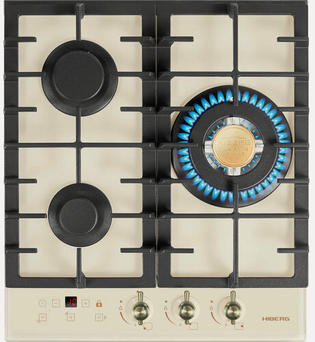 Изображение товара Газовая варочная панель Hiberg VM 4535 Y 45 см, 3 конфорки электроподжиг газконтроль, бежевый
