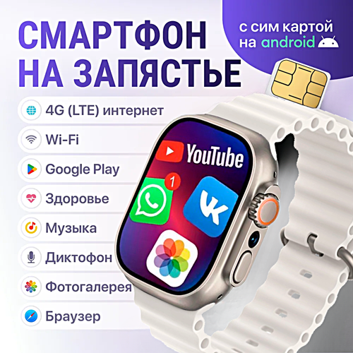 Смарт часы HK ULTRA ONE Умные часы PREMIUM Smart Watch AMOLED 4G, Wi-Fi, iOS, Android, Галерея, Игры, Браузер, Камера, Звонки, Серебристый серебристый, белый