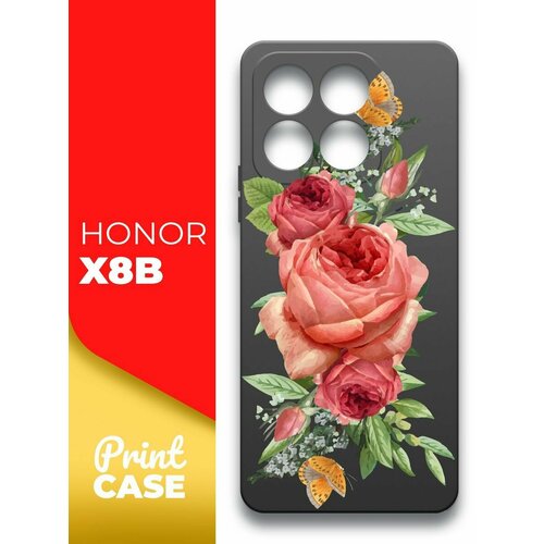 Чехол на Honor X8b (Хонор Х8б) черный матовый силиконовый с защитой (бортиком) вокруг камер, Miuko (принт) Розовые Розы чехол на honor x8b хонор х8б черный матовый силиконовый с защитой бортиком вокруг камер brozo принт синий колокольчик