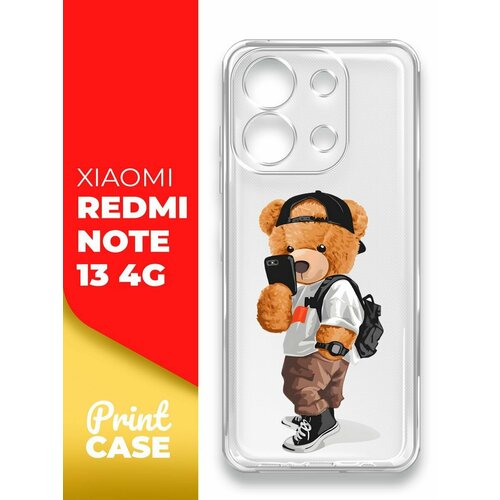 Чехол на Xiaomi Redmi Note 13 4G (Ксиоми Редми Ноте 13 4г), прозрачный силиконовый с защитой (бортиком) вокруг камер, Miuko (принт) Мишка Смартфон чехол на xiaomi redmi note 13 4g ксиоми редми ноте 13 4г прозрачный силиконовый с защитой бортиком вокруг камер miuko принт змея узор