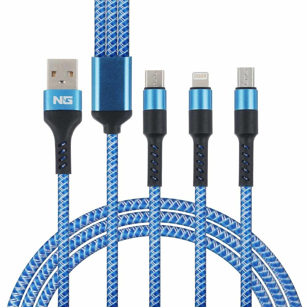 Кабель для зарядки телефона 3 в 1 NG, штекер iP/microUSB/Type-C, 2м, 1.5А, пластик — фото 1