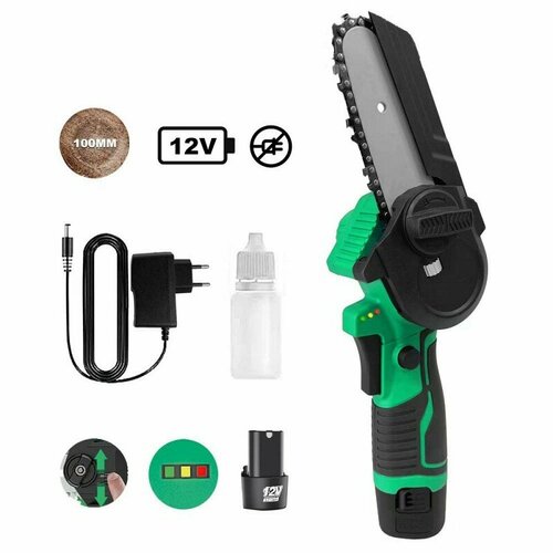 Пила цепная аккумуляторная Zitrek GreenSaw 12 (12В, 1,5Ач Li-ion аккум. 2шт, ЗУ), цена за 1 шт. черный, зеленый, черный