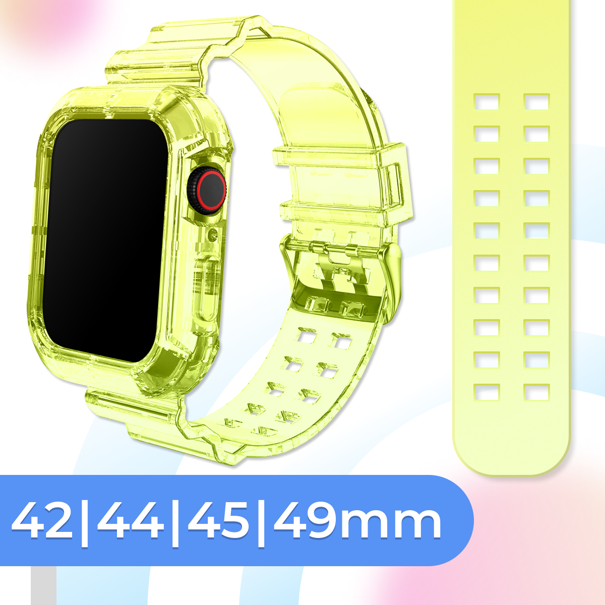 Прозрачный силиконовый ремешок для умных часов Apple Watch 42-44-45-49 mm / Спортивный браслет для смарт часов Эпл Вотч 1-9, SE, Ultra / Желтый