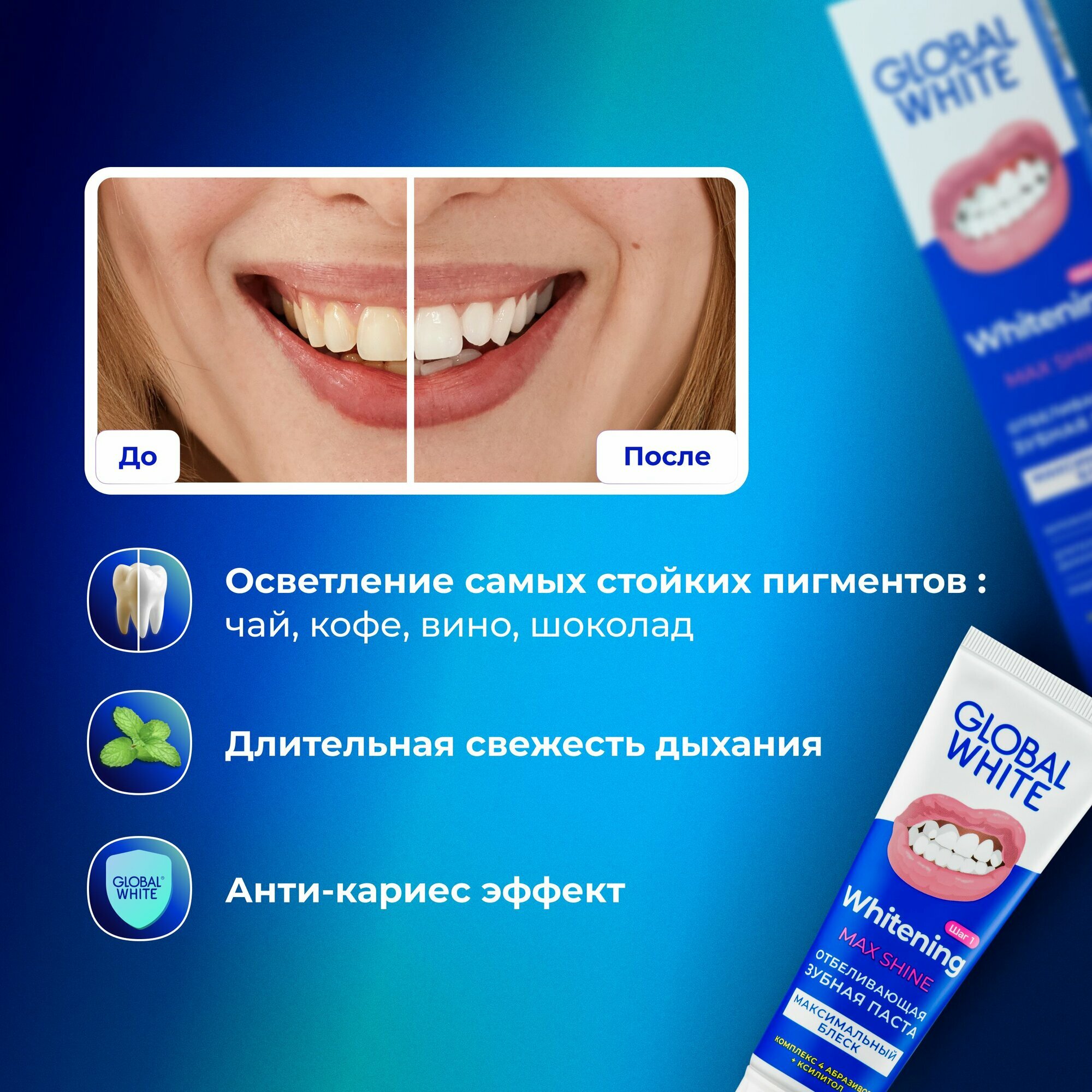 Картинки Отбеливающая зубная паста Whitening Max Shine 100 гр - 2 шт GLOBAL WHITE отбеливание и защита от кариеса