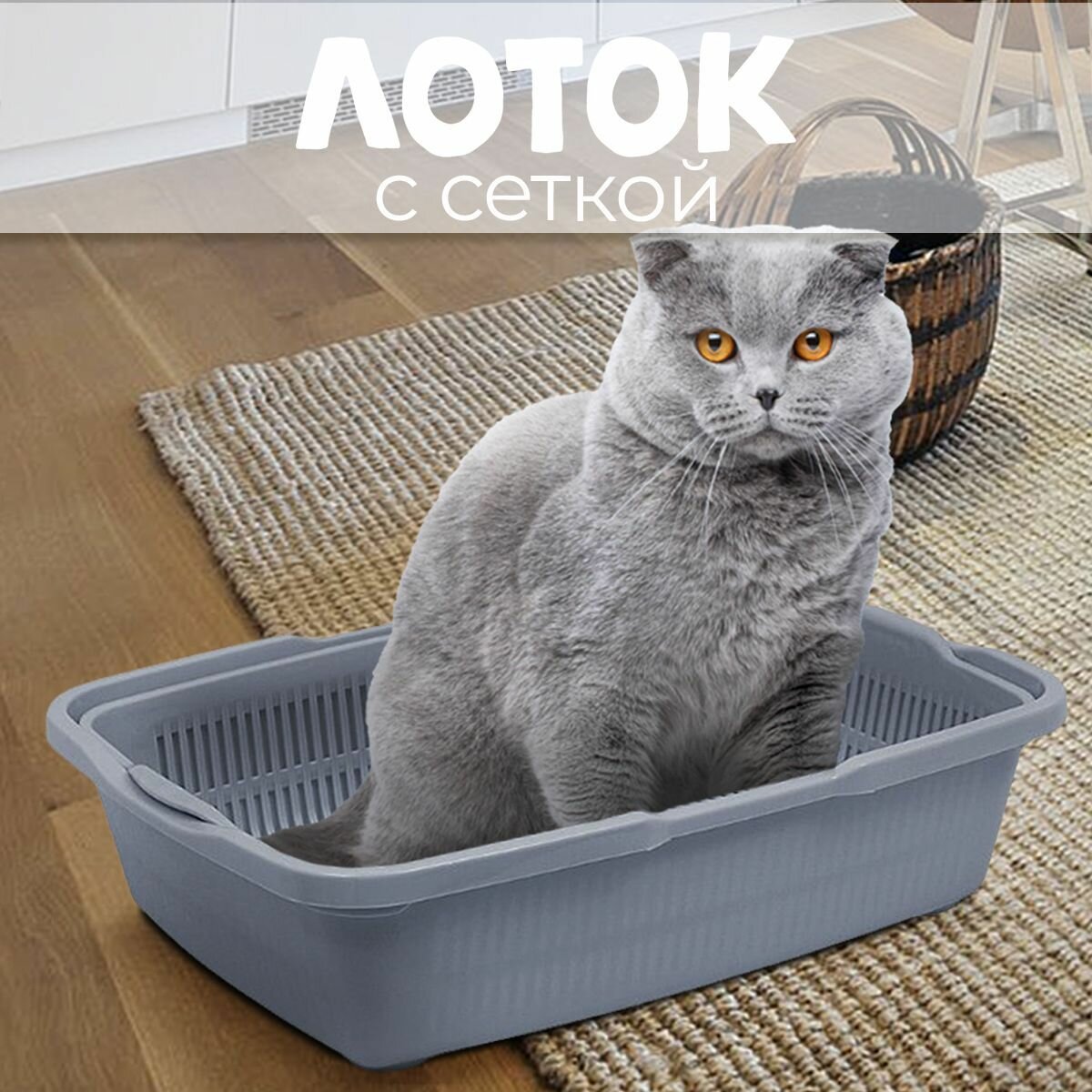 Лоток Туалет для котят с сеткой, 25,5х36,5х9,5 см, серый