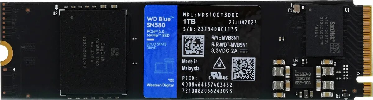 SSD накопитель WD Blue SN580 WDS100T3B0E 1ТБ, M.2 2280, PCIe 4.0 x4, NVMe, M.2